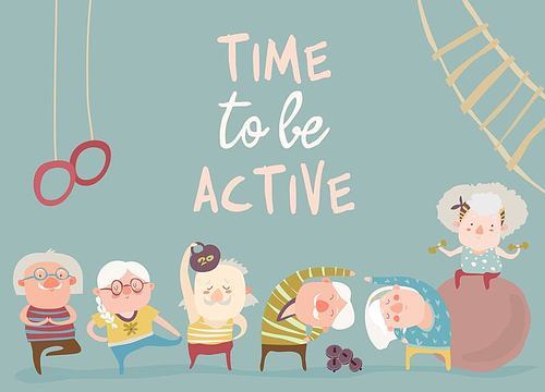 Cartoon elderly people doing exercises. Vector illustration