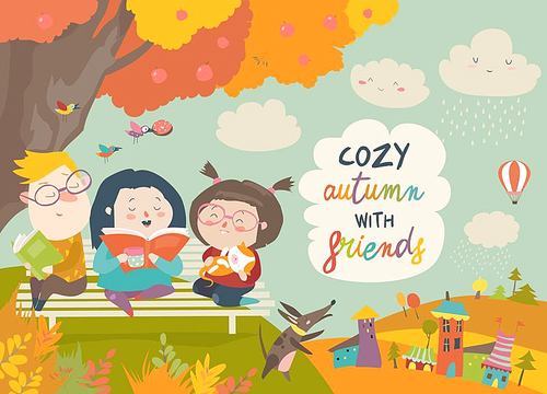 Happy children reading books in autumn park. Vector illustration