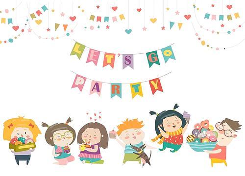 Funny cartoon children and sweets. Lets go party. Vector isolated illustration