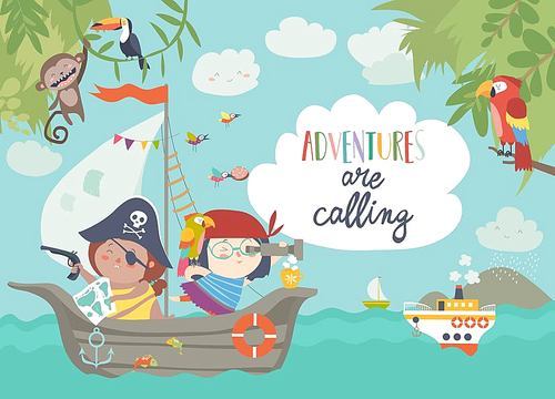 Cute pirates sailing in their ship. Vector illustration