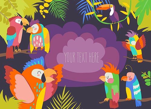 Cartoon tropical paradise frame with parrots. Vector illustration