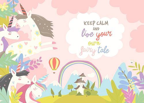 Cute magic unicorns and castle. Vector illustration