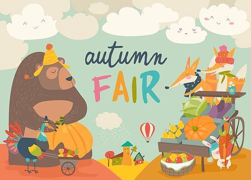 Cute animals on autumn fair. Vector illustrations