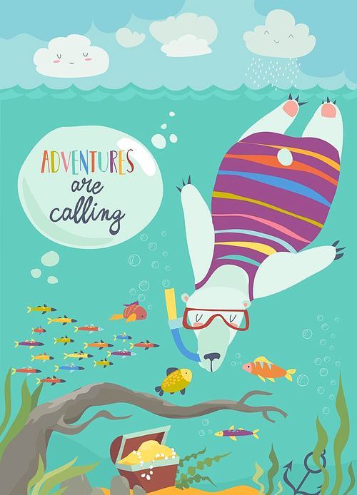 Cute polar bear snorkeling and looking at the fish. Vector illustration