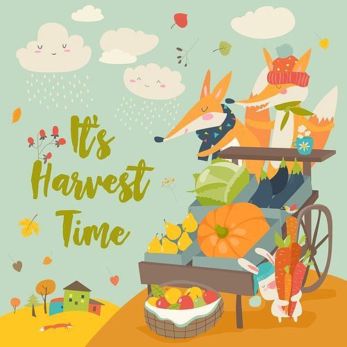 Cute foxes with wheelbarrow with fruits and vegetables in autumn forest. vector illustration