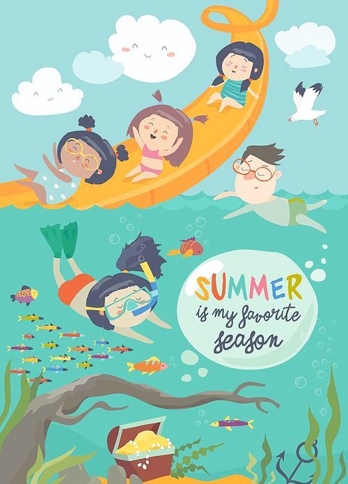 Vector design of kids playing and enjoying at waterpark in summer vacation