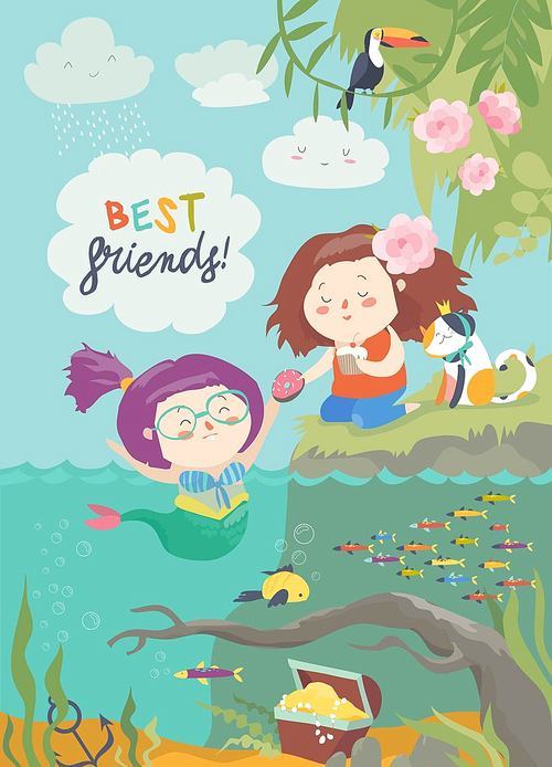 Cute mermaid and girl are best friends. Vector illustration