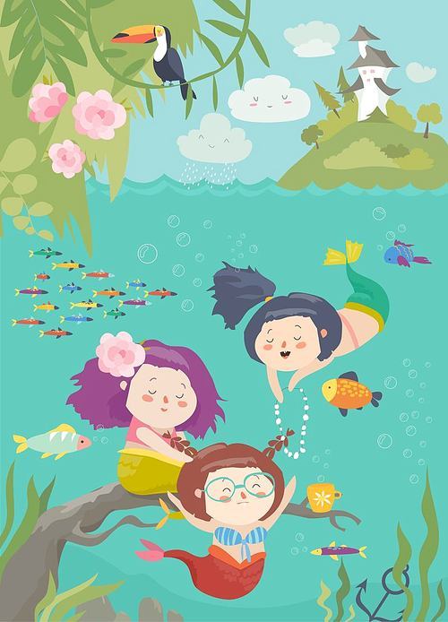 Cute cartoon mermaids with beautiful underwater world. Vector illustration