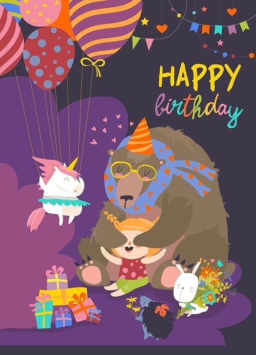 Little girl celebrating Birthday with her friends bear, unicorn, bunny, hedgehog. Vector greeting card