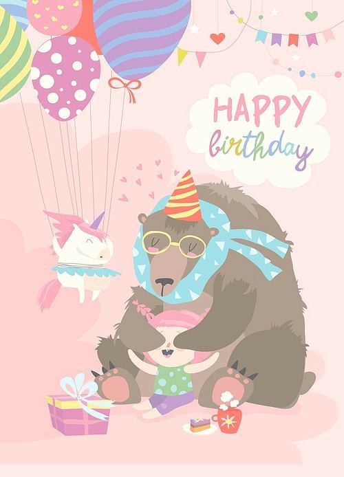 Little girl celebrating Birthday with bear. Vector greeting card