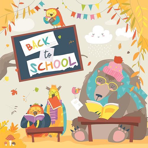 Cute bear and owls and reading books in autumn forest. Back to school. Vector illustration