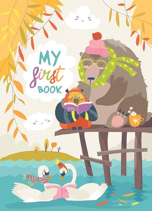 Cute bear ,owl and swans reading books in autumn forest. Vector illustration