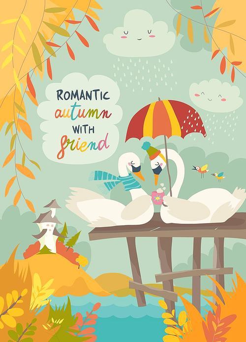 Cute romantic swans in autumn park. Vector illustration