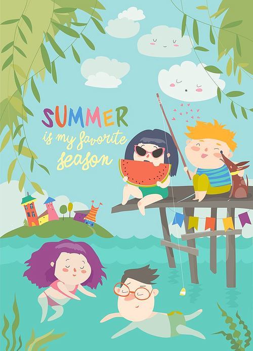 Happy children swimming on river and fishing. Summer vacation. Vector illustration