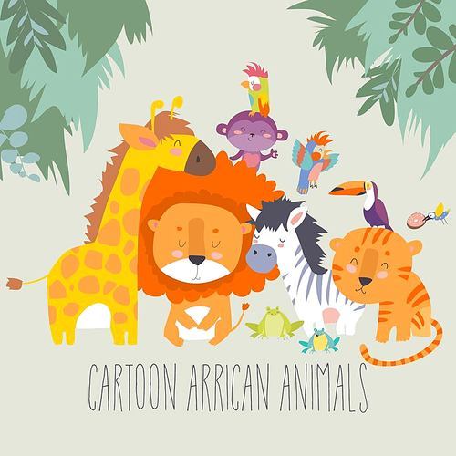 Happy jungle animals. Best friends. Vector illustration