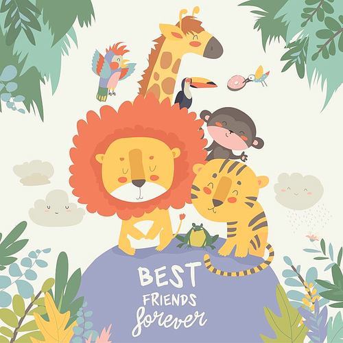 Happy jungle animals. Best friends. Vector illustration