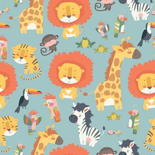 Happy jungle animals seamless pattern. Vector illustration