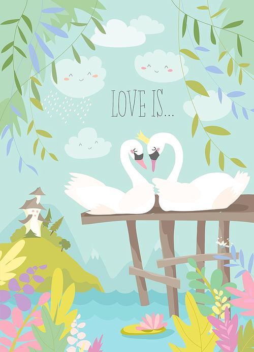 Cartoon swans in love. Fairy tale concept. Vector illustration