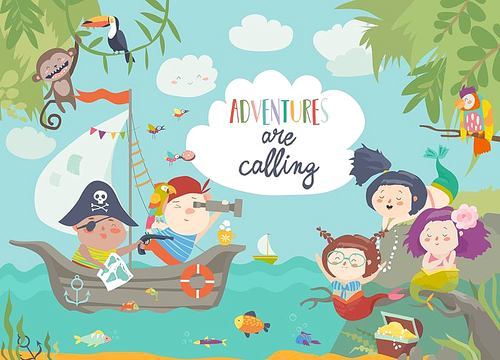 Cute pirates and beautiful mermaids. Vector illustration