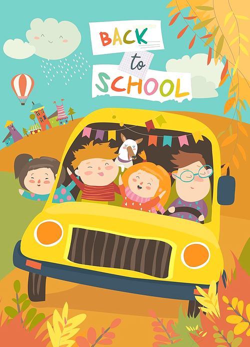 Children on the way to school. Back to school. Vector illustration