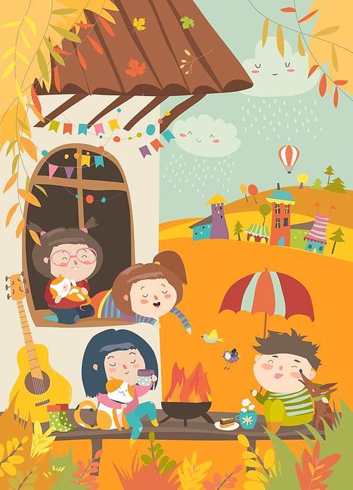 Cute friends sitting around bonfire at backyard. Vector autumn illustration