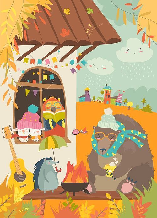 Cute animals sitting around bonfire at backyard. Vector autumn illustration