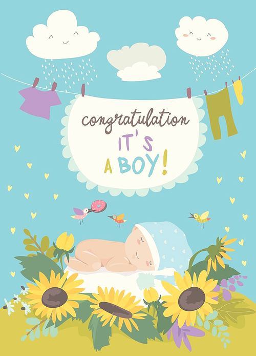 Nice card with cute baby in flowers. Vector illustration