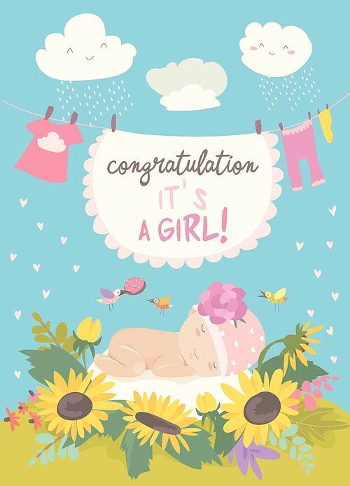 Nice card with cute baby in flowers. Vector illustration