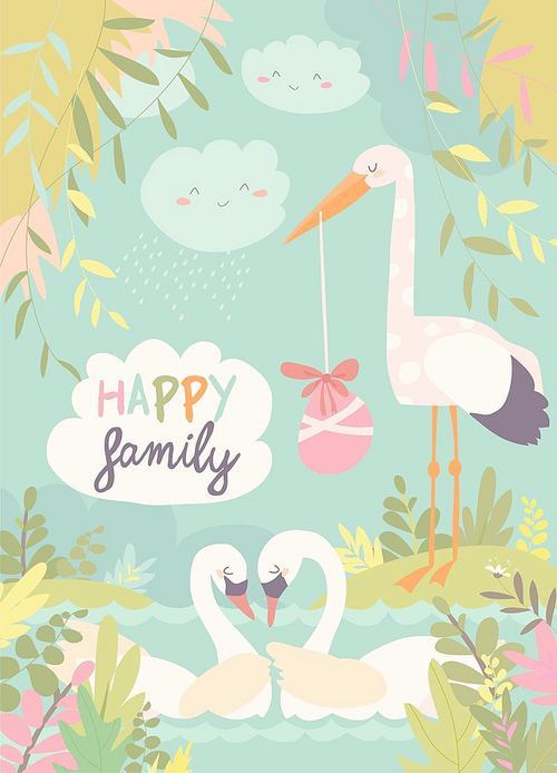 Cartoon swans in love and stork with baby. Vector illustration