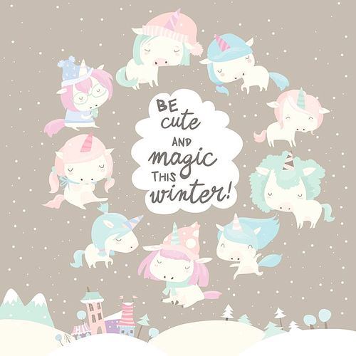 Collection of funny unicorn on gray winter background. Vector set of cute white fairy little pony