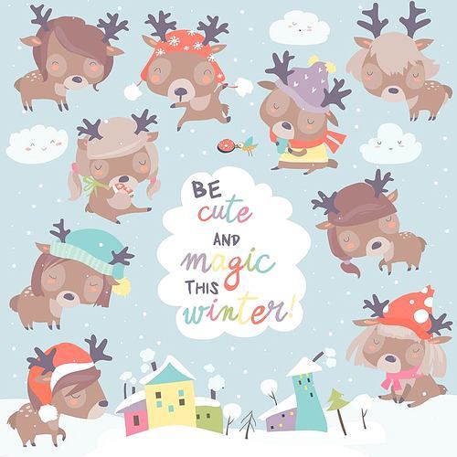Set with cute little deers on winter background. Vector illustration