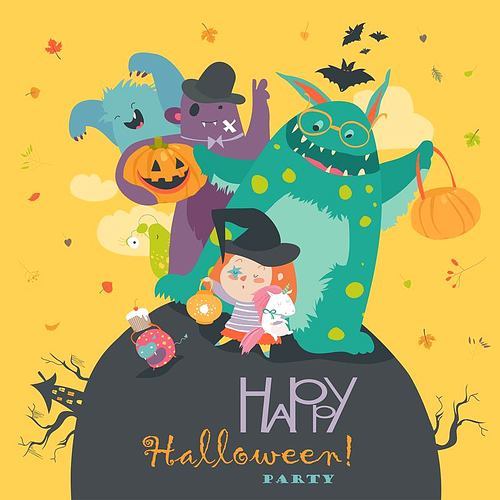 Cute girl with funny monsters. Halloween party. Vector illustration