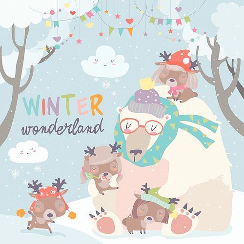Polar bear with cute little deers in snow forest. Vector illustration