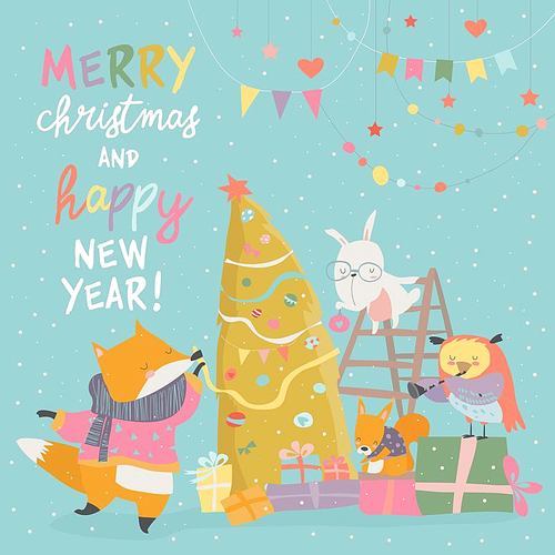 Cute Christmas greeting card with happy animals. Vector illustration