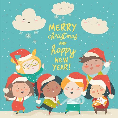 Group of children different nationalities in christmas costumes. Vector illustration