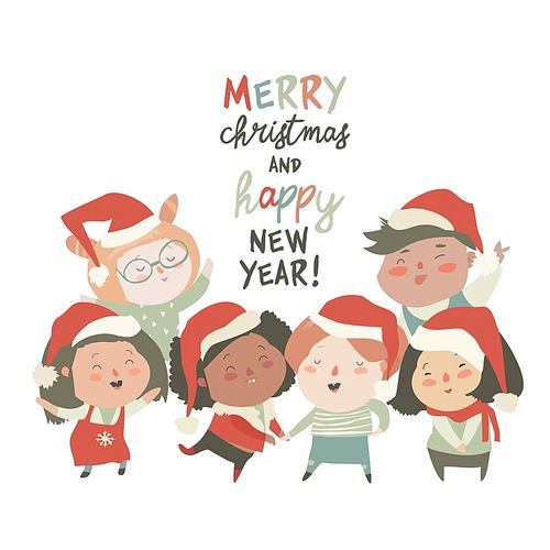 Group of children different nationalities in christmas costumes on white background. Vector illustration