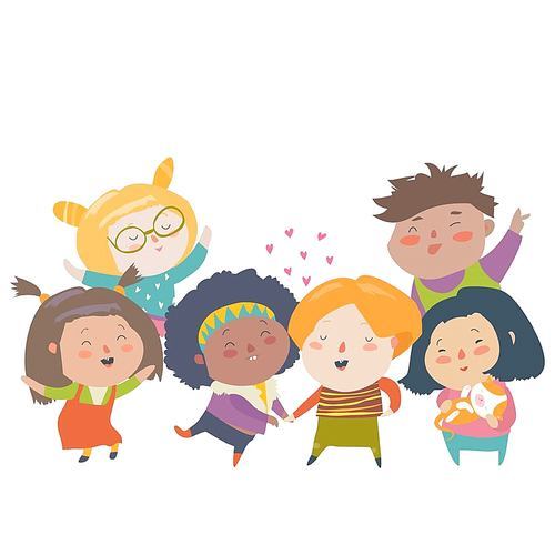 Vector isolated illustration of group children different nationalities and skin color. Race equality, tolerance, diversity