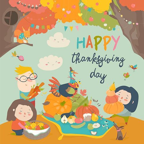 Cartoon children harvesting in autumn garden. Happy Thanksgiving Day. Vector illustration