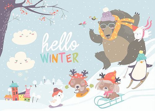 Vector illustration, cute animals playing winter games, card concept