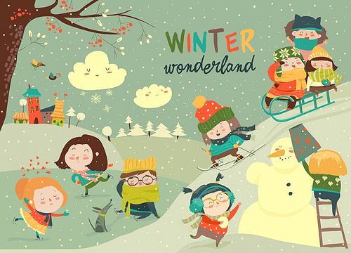 Vector illustration, cute kids playing winter games, card concept