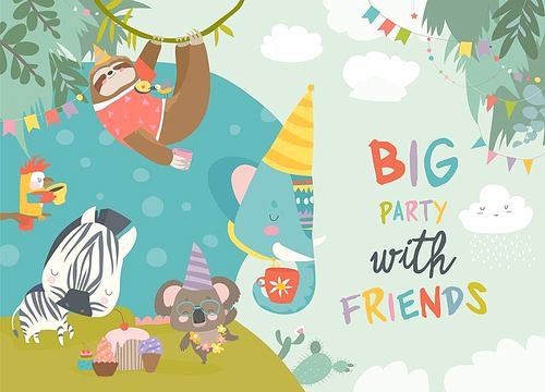 Vector birthday background with happy animals. Elephant,sloth,koala,zebra parrot