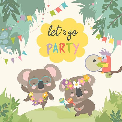 Cute koala dancing with friend. Vector illustration