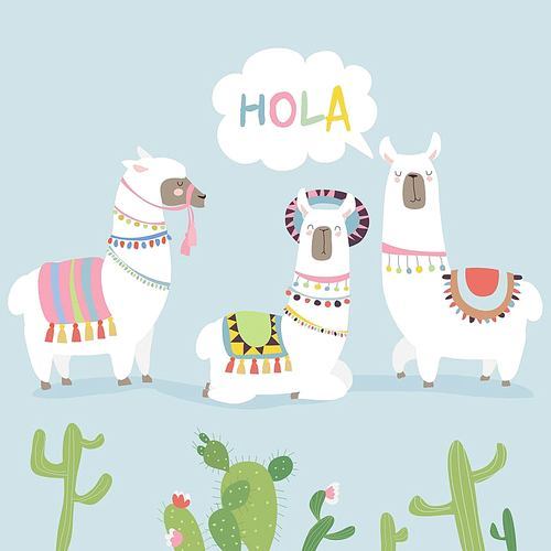 Cute friends mexican white alpaca llamas. Vector illustration