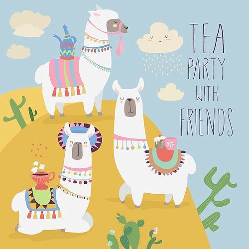 cute friends mexican white alpaca llamas  tea. vector illustration