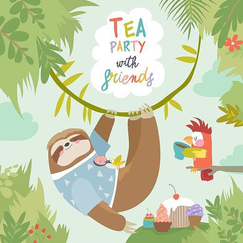 Vector card with cute sloth and little parrot. Tea time