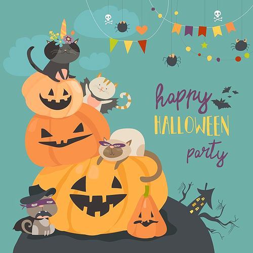 Happy halloween with pumpkin and cute cats in carnival costumes. Vector illustration