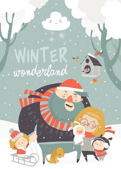 Winter fun. Happy family at winter vacation. Vector greeting card