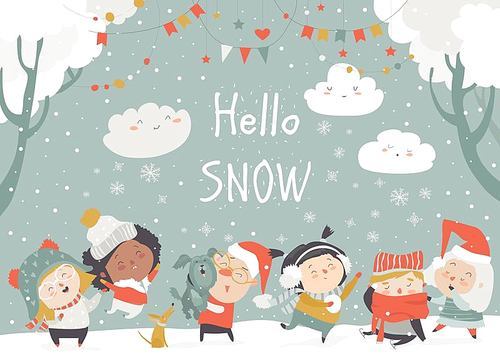 Cartoon happy children enjoying winter. Hello snow. Vector illustration