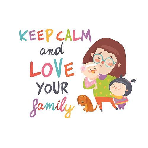 Cartoon young mother with her cute children. Vector isolated illustration