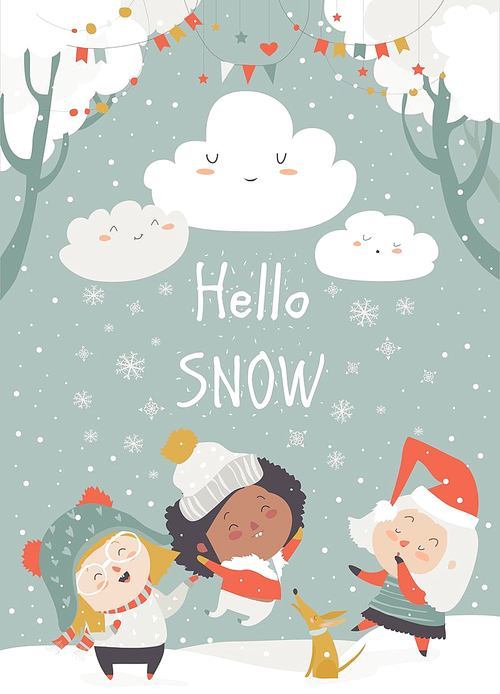Cartoon happy children enjoying the snow. Hello snow. Vector illustration
